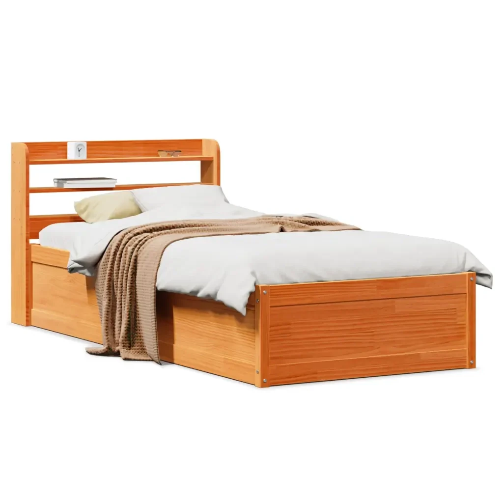 Letto singolo | Letto per adulti | Giroletto con Testiera Marrone Cera 100x200 cm Massello Pino - Image 2