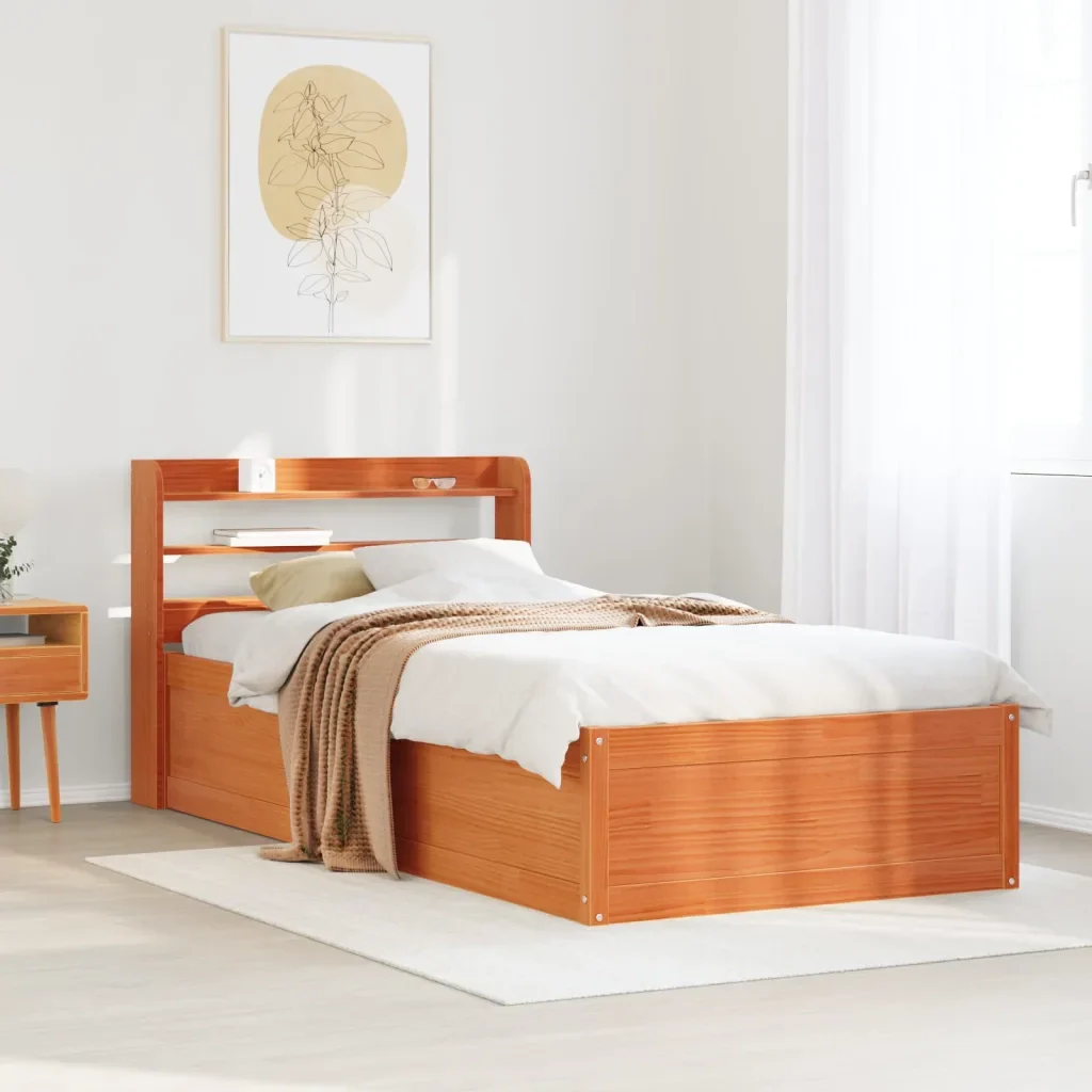 Letto singolo | Letto per adulti | Giroletto con Testiera Marrone Cera 100x200 cm Massello Pino - Image 4
