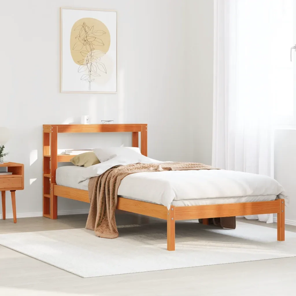 Letto singolo | Letto per adulti | Giroletto con Testiera Marrone Cera 75x190 cm Massello Pino - Image 2