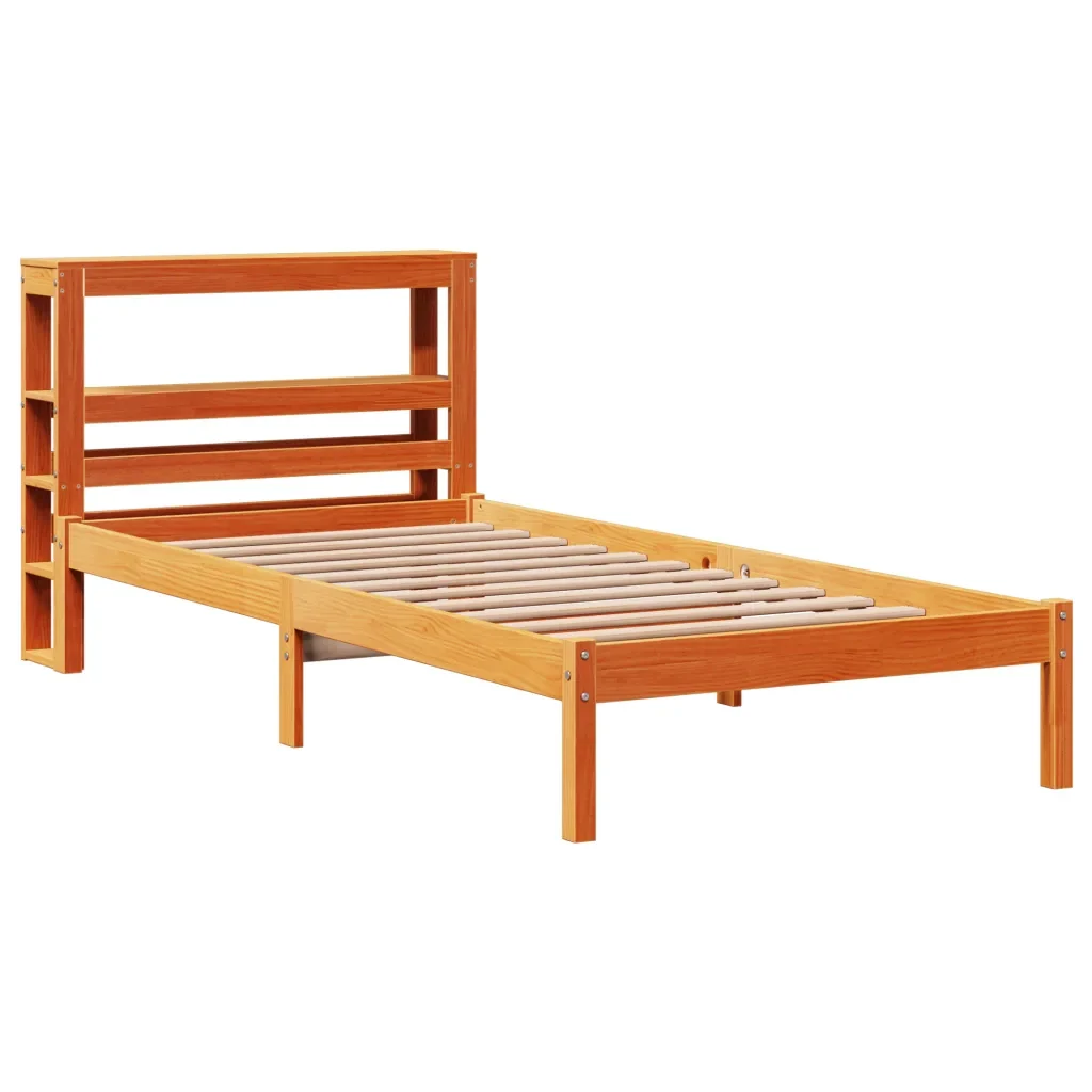 Letto singolo | Letto per adulti | Giroletto con Testiera Marrone Cera 75x190 cm Massello Pino - Image 3