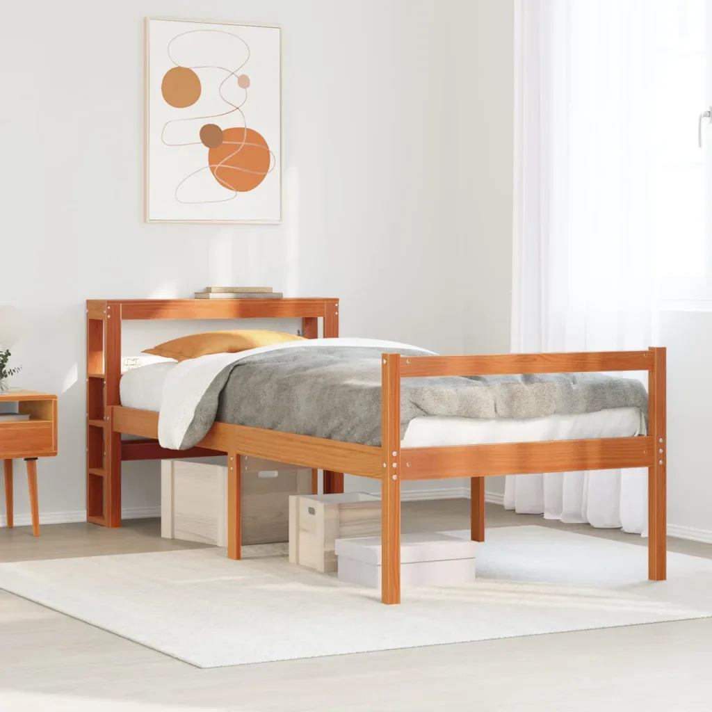 Letto singolo | Letto per adulti | Giroletto con Testiera Marrone Cera 75x190 cm Massello Pino - Image 2