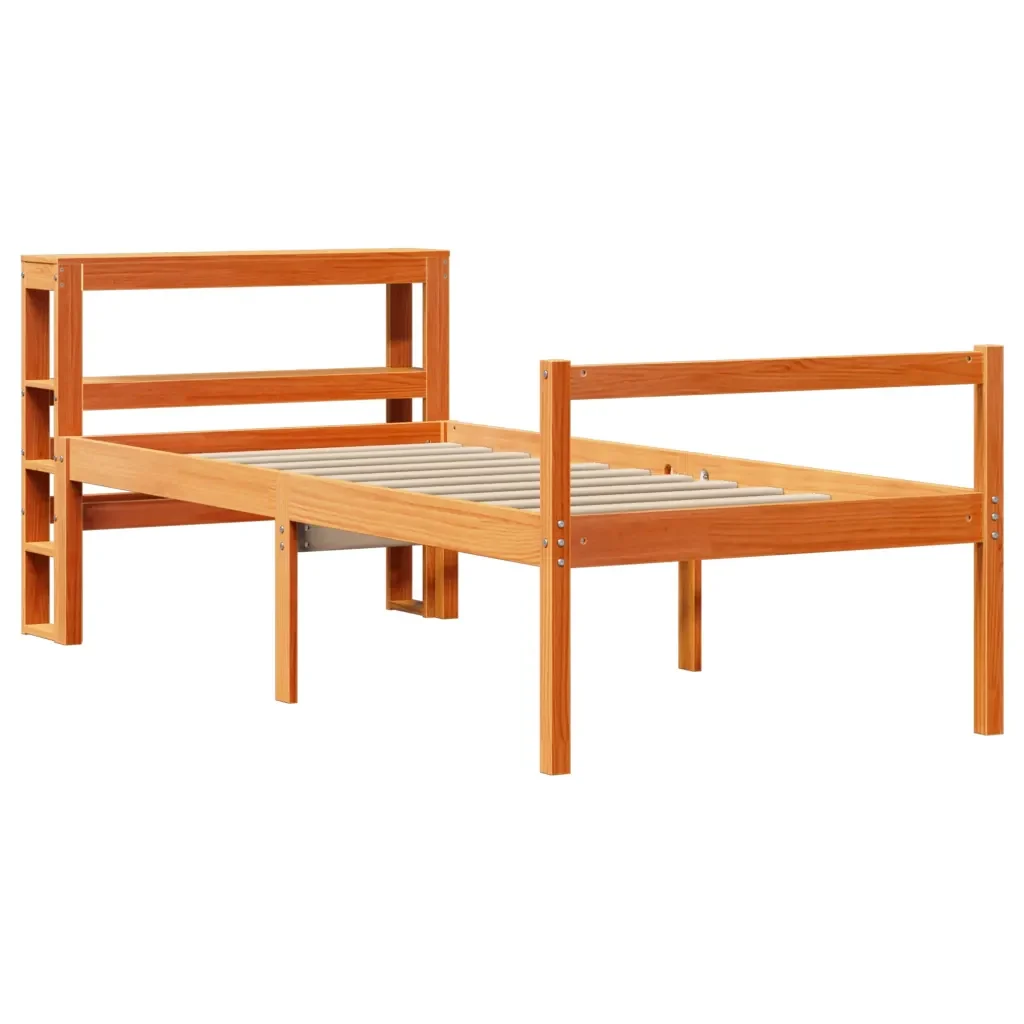 Letto singolo | Letto per adulti | Giroletto con Testiera Marrone Cera 75x190 cm Massello Pino - Image 3