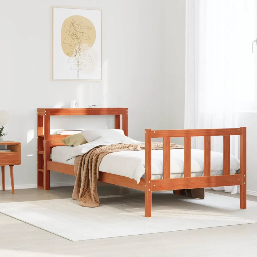 Letto singolo | Letto per adulti | Giroletto con Testiera Marrone Cera 75x190 cm Massello Pino - Image 2