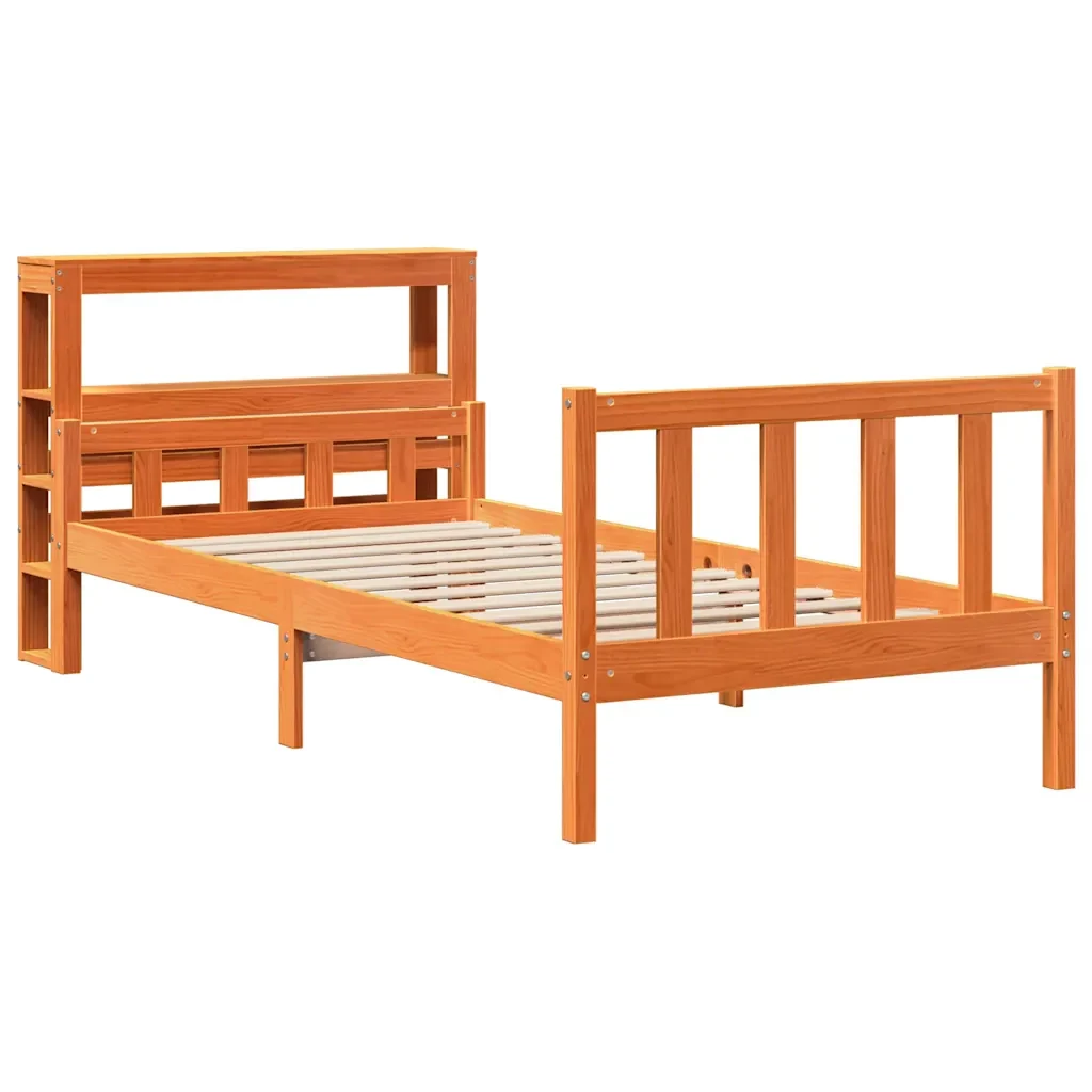Letto singolo | Letto per adulti | Giroletto con Testiera Marrone Cera 75x190 cm Massello Pino - Image 4