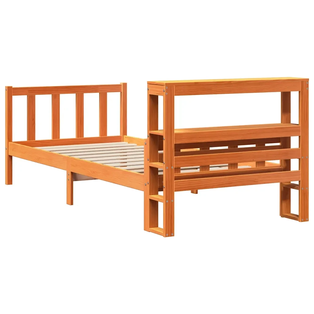 Letto singolo | Letto per adulti | Giroletto con Testiera Marrone Cera 75x190 cm Massello Pino - Image 8