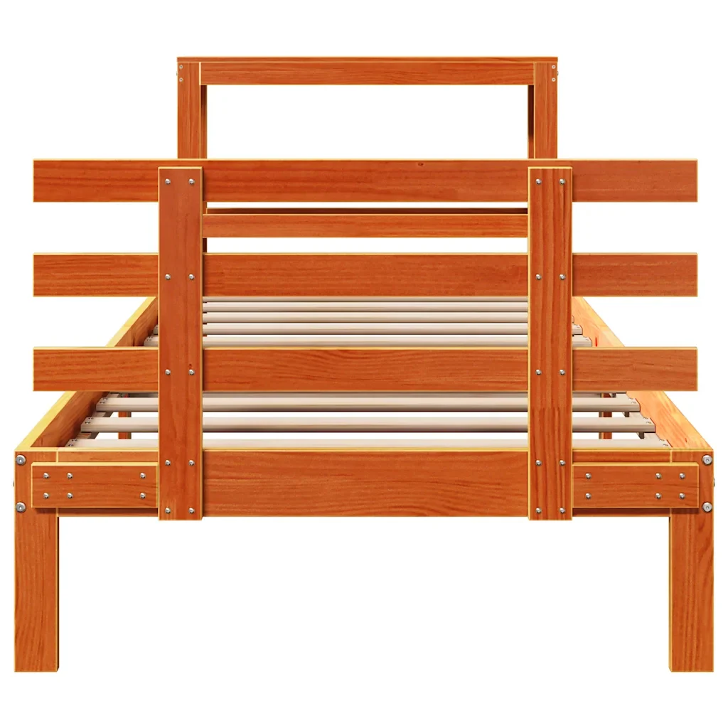 Letto singolo | Letto per adulti | Giroletto con Testiera Marrone Cera 75x190 cm Massello Pino - Image 5