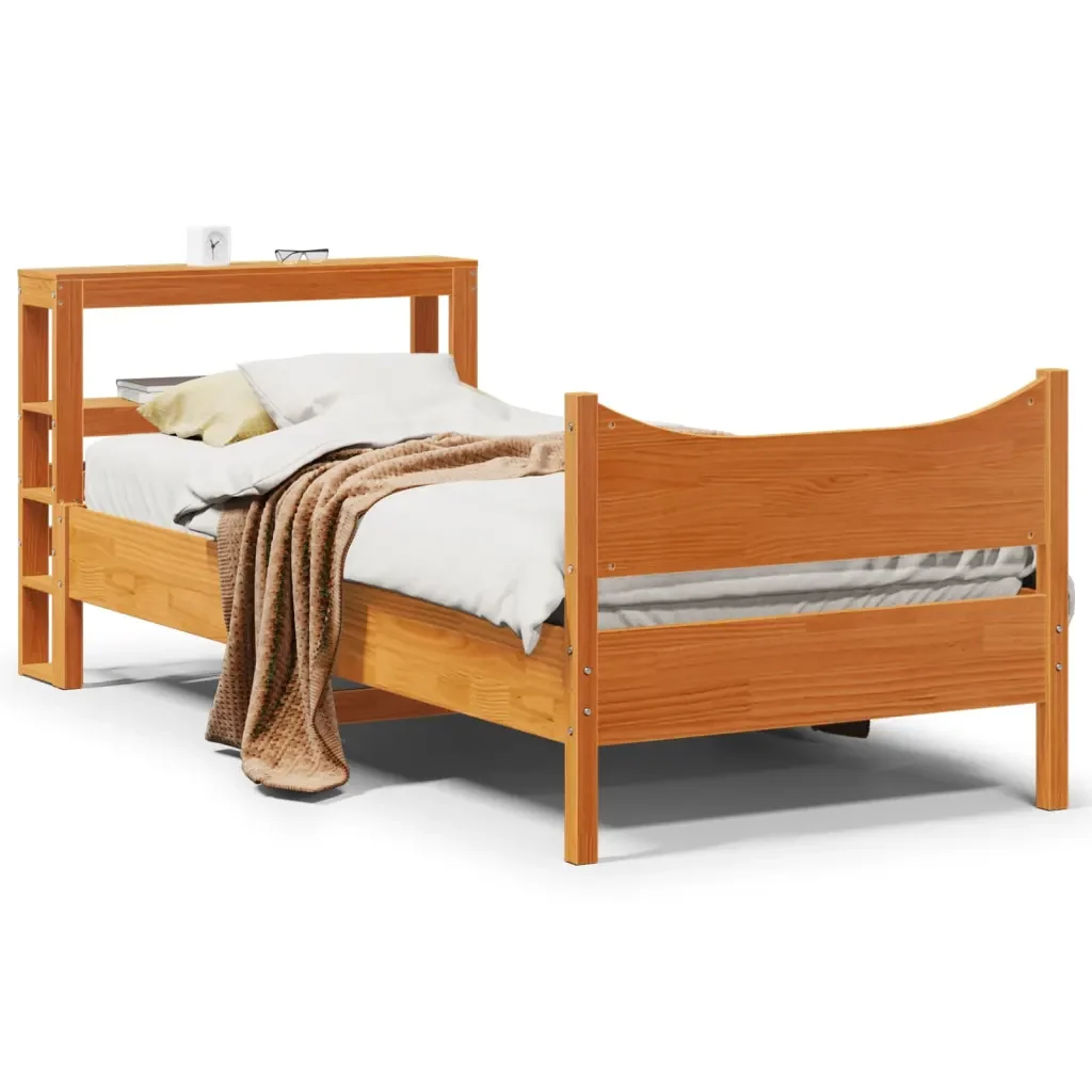 Letto singolo | Letto per adulti | Giroletto con Testiera Marrone Cera 75x190 cm Massello Pino - Image 2