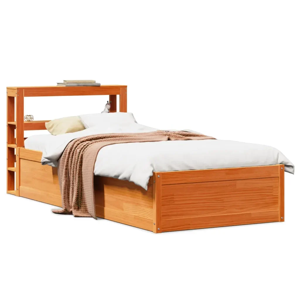 Letto singolo | Letto per adulti | Giroletto con Testiera Marrone Cera 75x190 cm Massello Pino - Image 2