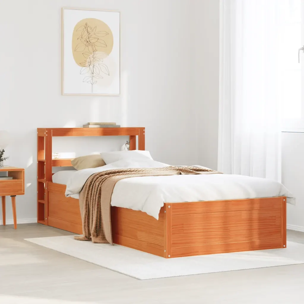 Letto singolo | Letto per adulti | Giroletto con Testiera Marrone Cera 75x190 cm Massello Pino - Image 4