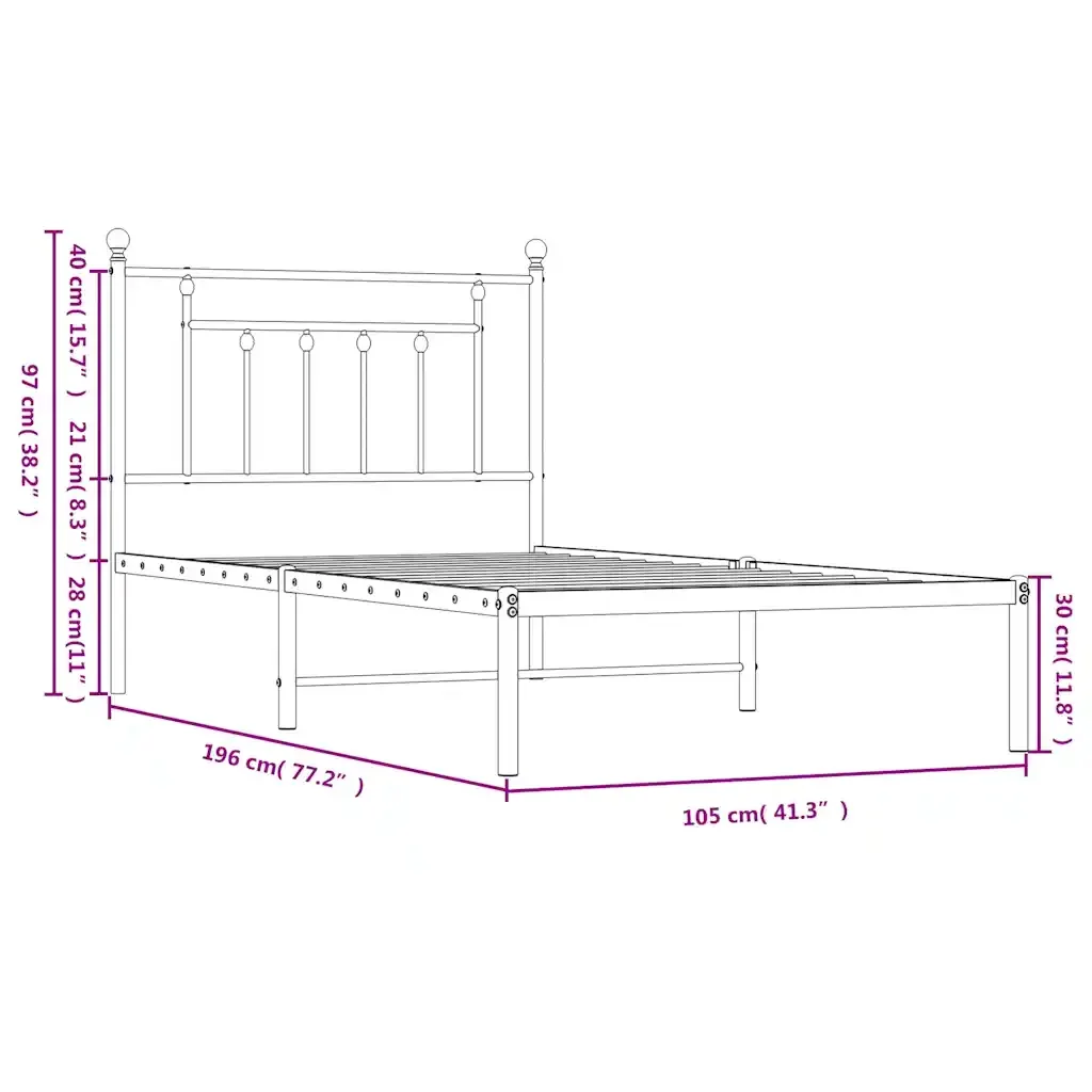 Letto singolo | Letto per adulti | Giroletto con Testiera Metallo Bianco 100x190 cm - Image 10