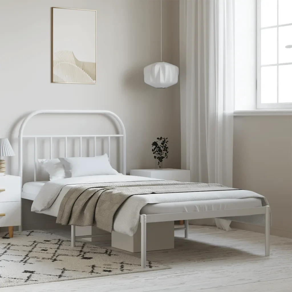 Letto singolo | Letto per adulti | Giroletto con Testiera Metallo Bianco 100x190 cm - Image 2