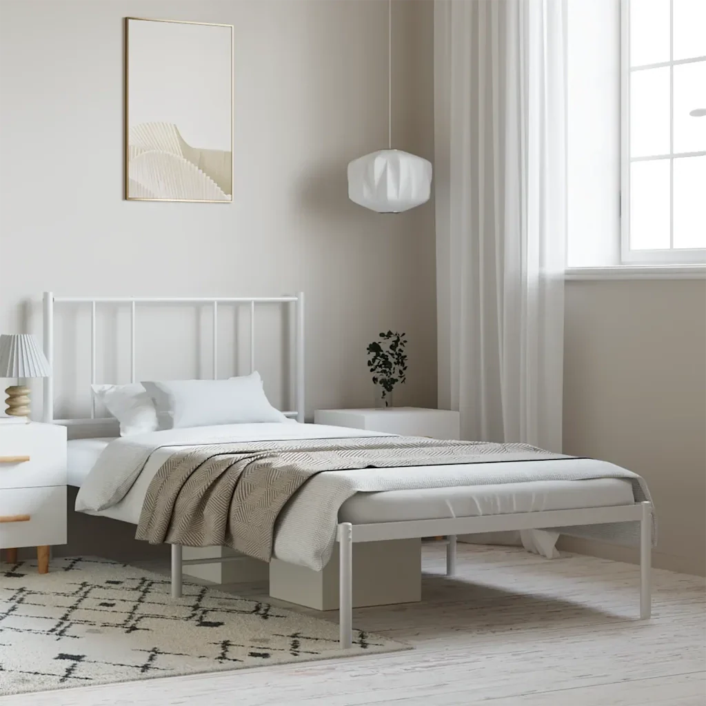 Letto singolo | Letto per adulti | Giroletto con Testiera Metallo Bianco 100x200 cm - Image 2