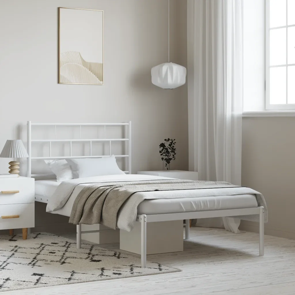 Letto singolo | Letto per adulti | Giroletto con Testiera Metallo Bianco 100x200 cm - Image 2