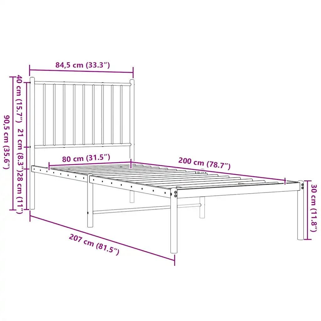 Letto singolo | Letto per adulti | Giroletto con Testiera Metallo Bianco 80x200 cm - Image 9