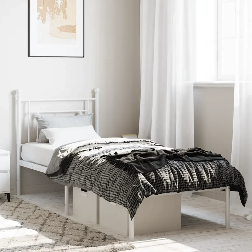 Letto singolo | Letto per adulti | Giroletto con Testiera Metallo Bianco 80x200 cm - Image 2