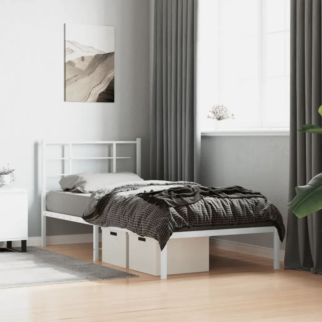 Letto singolo | Letto per adulti | Giroletto con Testiera Metallo Bianco 90x190 cm - Image 2