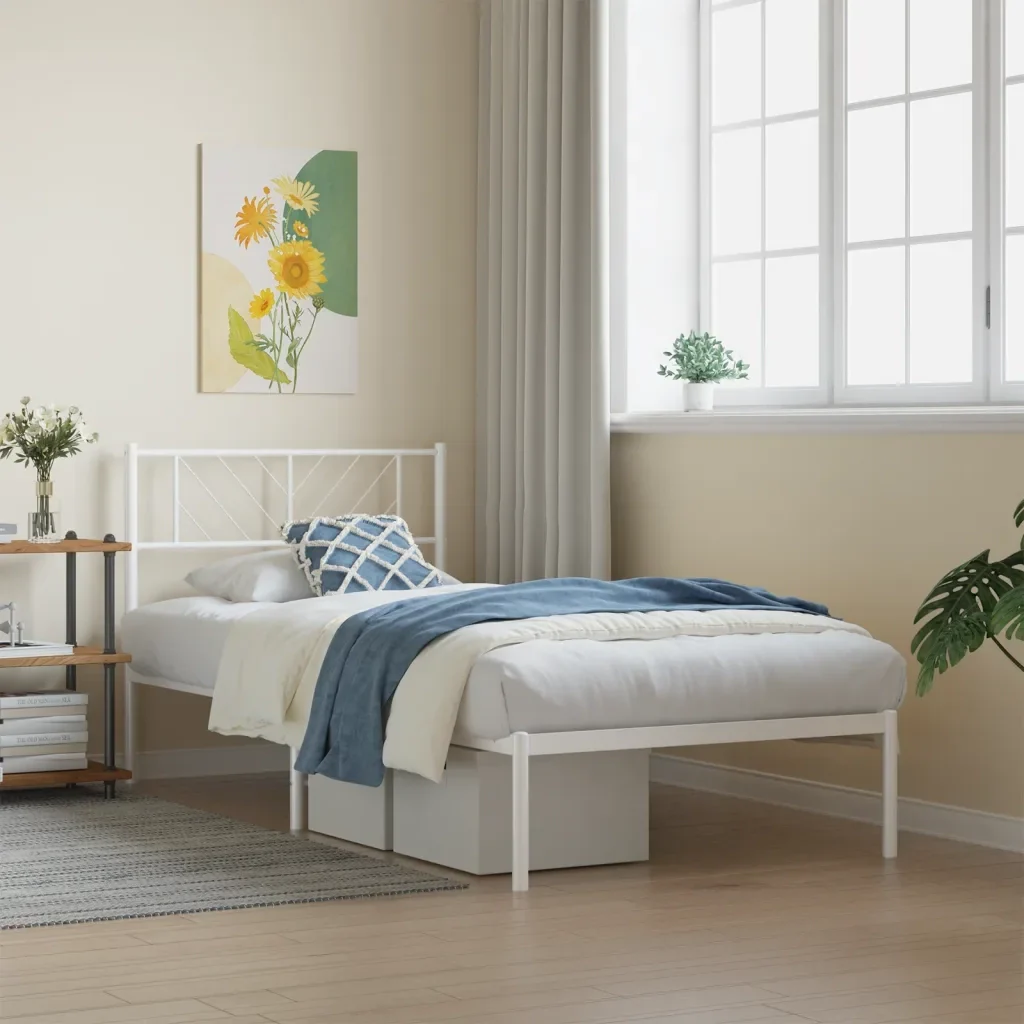 Letto singolo | Letto per adulti | Giroletto con Testiera Metallo Bianco 90x190 cm - Image 2