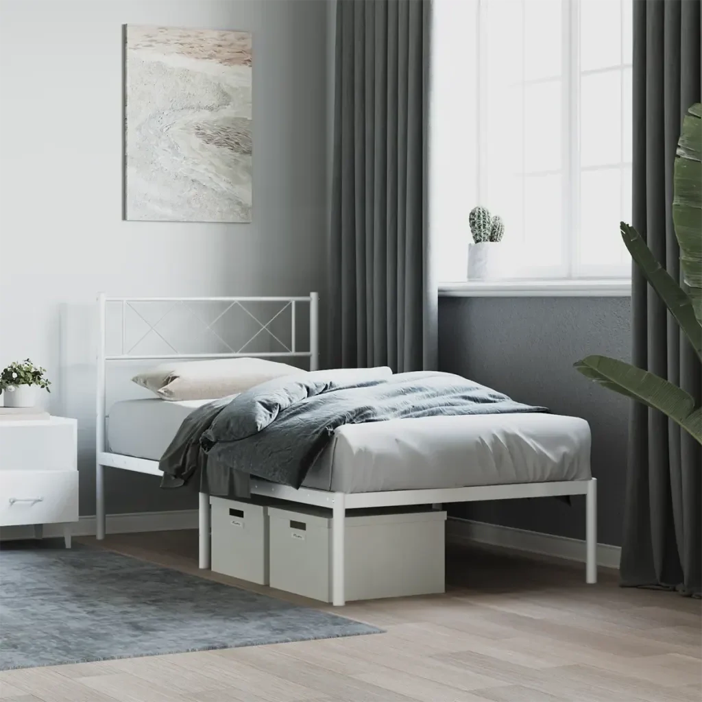 Letto singolo | Letto per adulti | Giroletto con Testiera Metallo Bianco 90x190 cm - Image 2