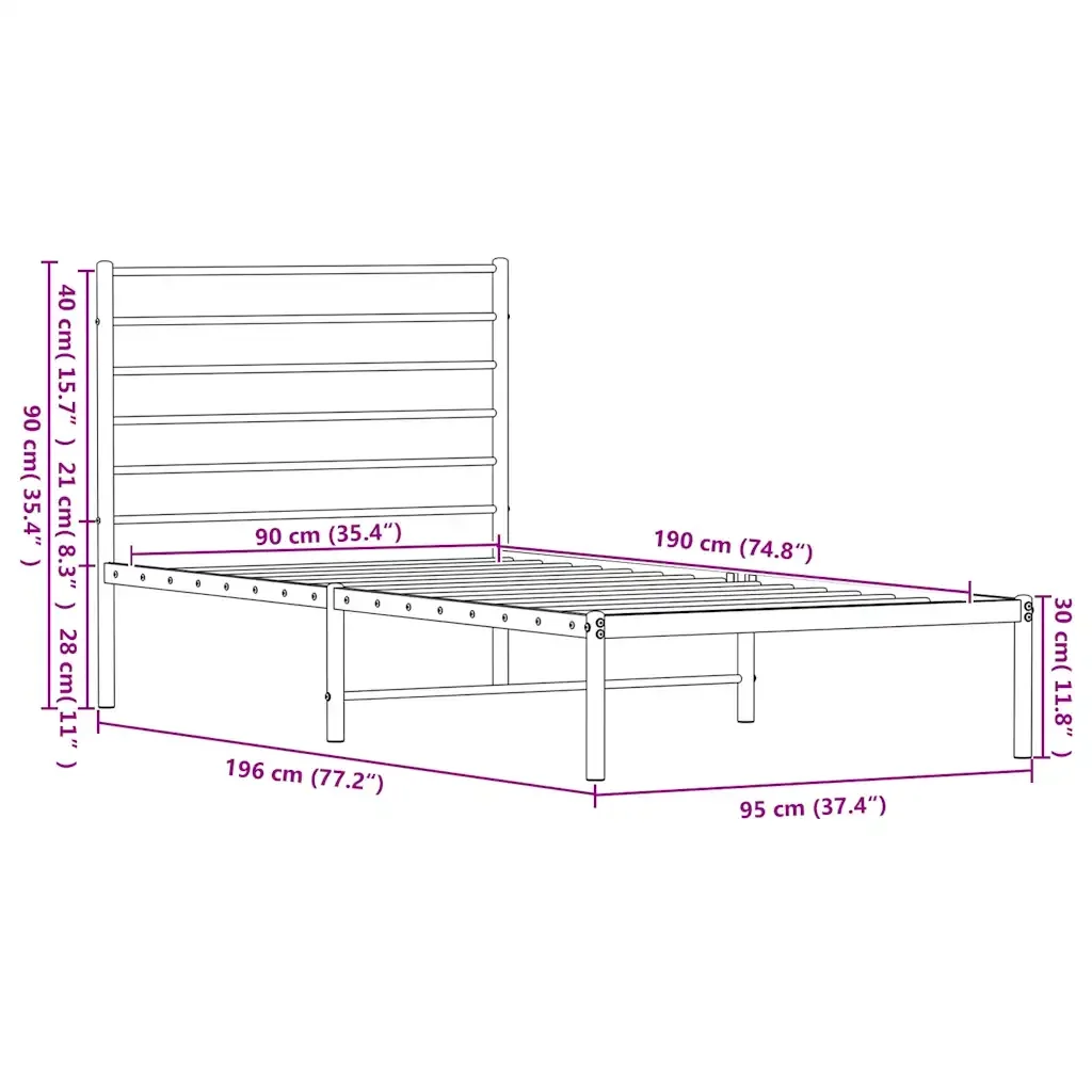 Letto singolo | Letto per adulti | Giroletto con Testiera Metallo Bianco 90x190 cm - Image 10