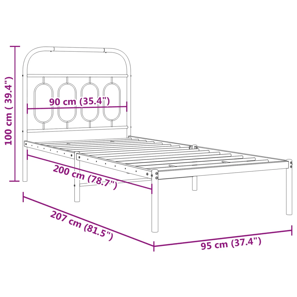 Letto singolo | Letto per adulti | Giroletto con Testiera Metallo Bianco 90x200 cm - Image 8