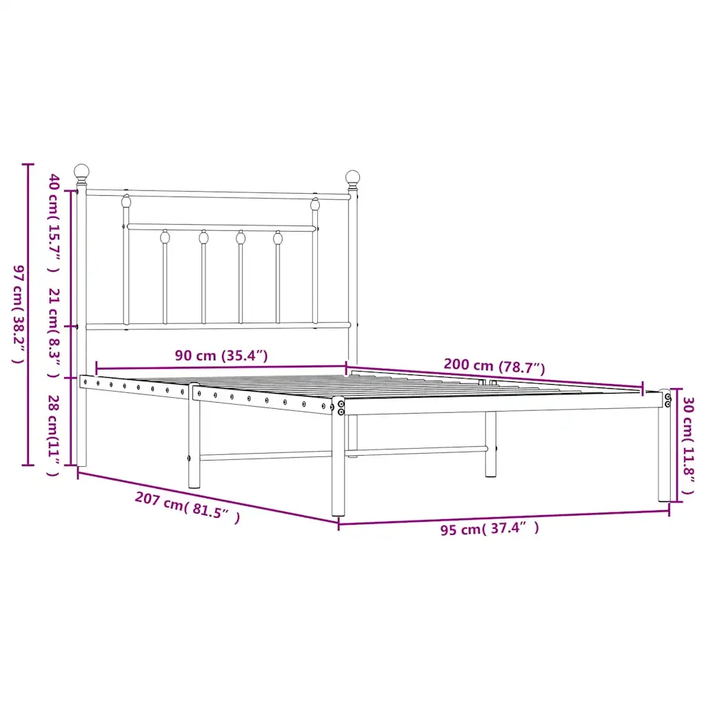 Letto singolo | Letto per adulti | Giroletto con Testiera Metallo Bianco 90x200 cm - Image 10
