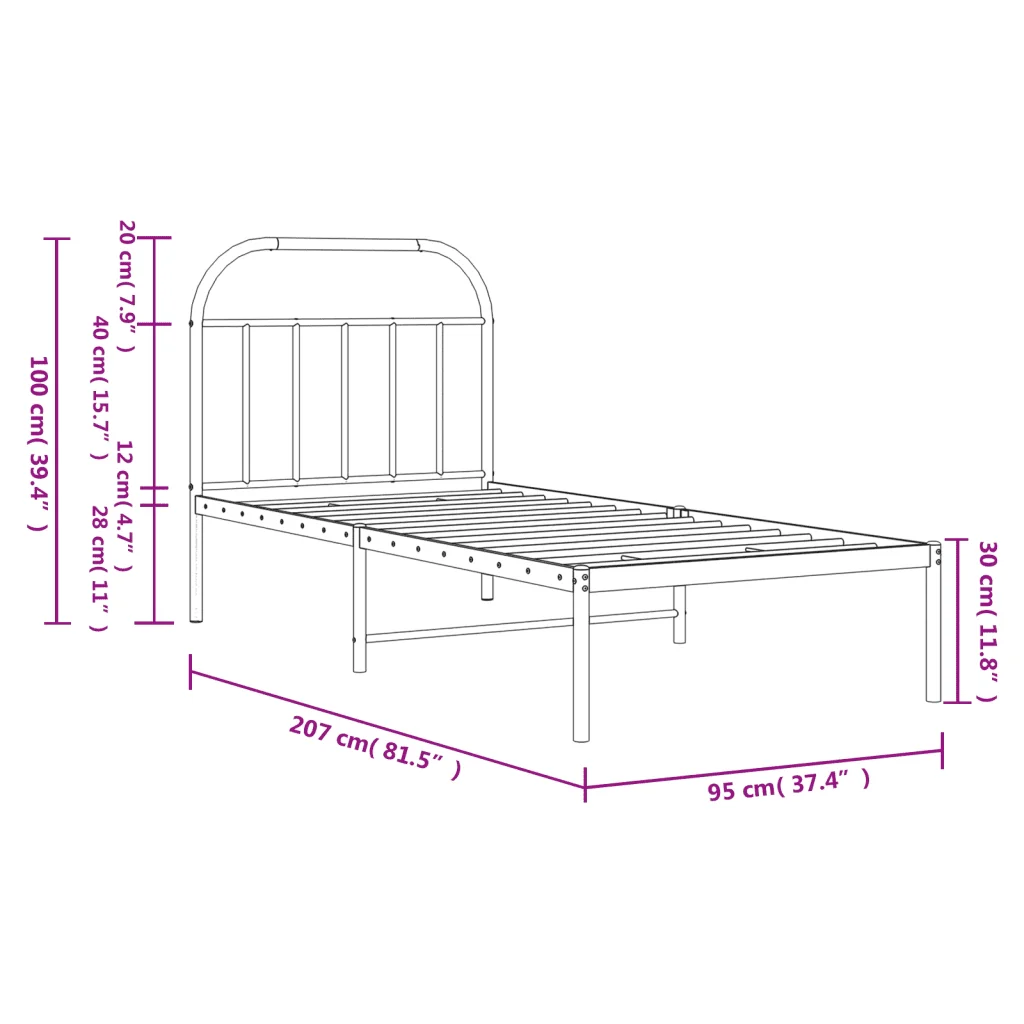 Letto singolo | Letto per adulti | Giroletto con Testiera Metallo Bianco 90x200 cm - Image 10