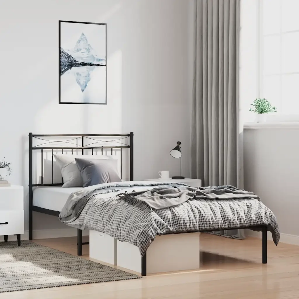 Letto singolo | Letto per adulti | Giroletto con Testiera Metallo Nero 100x200 cm - Image 2