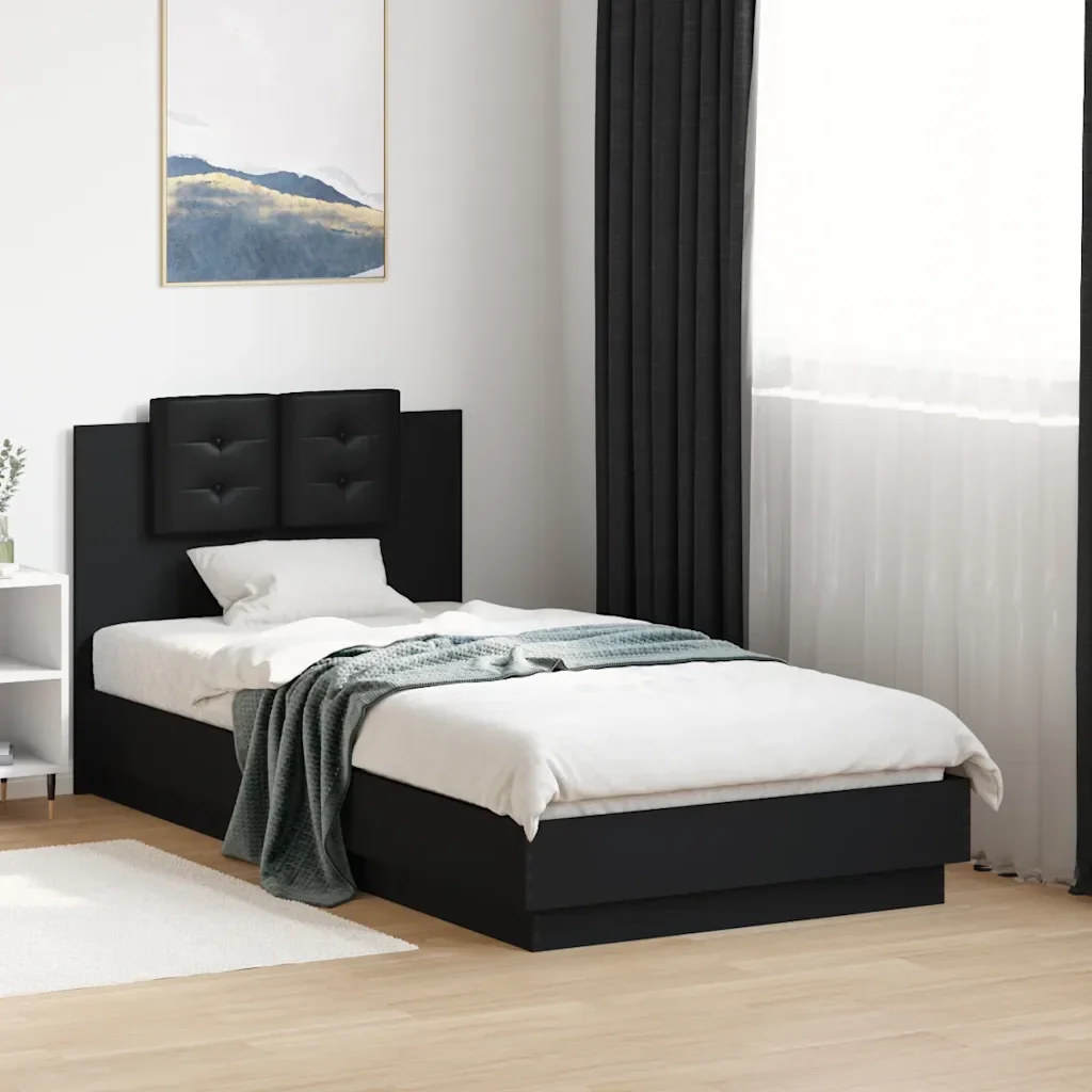 Letto singolo | Letto per adulti | Giroletto con Testiera Nero 75x190 cm in Legno Multistrato - Image 2