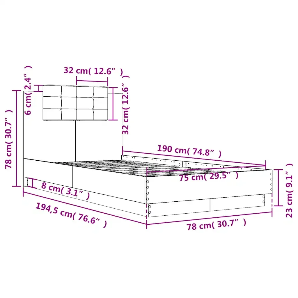 Letto singolo | Letto per adulti | Giroletto con Testiera Nero 75x190 cm in Legno Multistrato - Image 9