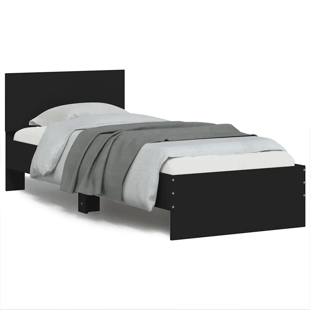 Letto singolo | Letto per adulti | Giroletto con Testiera Nero 75x190 cm in Legno Multistrato