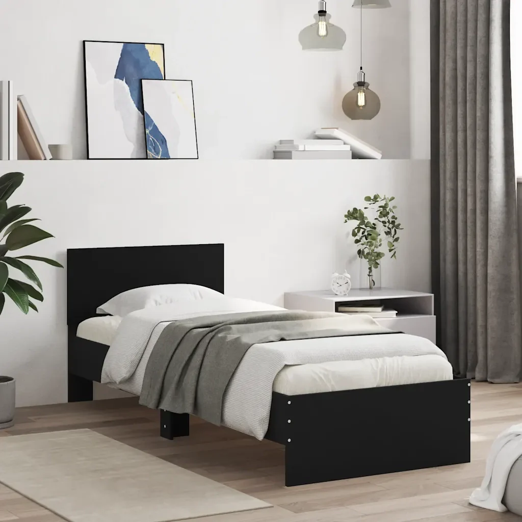 Letto singolo | Letto per adulti | Giroletto con Testiera Nero 75x190 cm in Legno Multistrato - Image 2