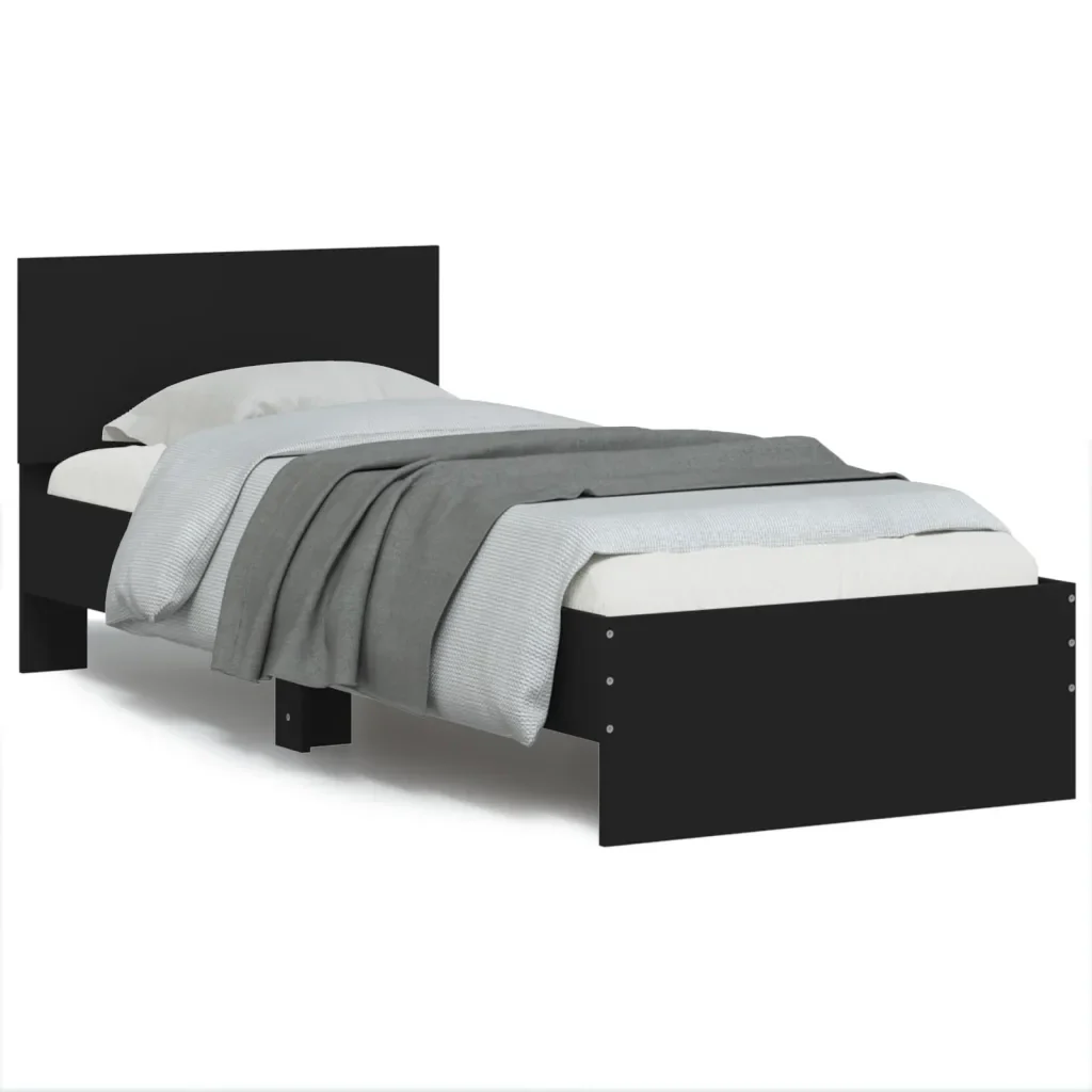 Letto singolo | Letto per adulti | Giroletto con Testiera Nero 90x200 cm in Legno Multistrato