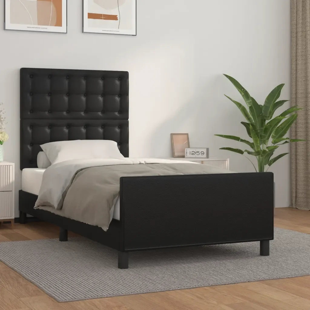 Letto singolo | Letto per adulti | Giroletto con Testiera Nero 90x200 cm in Similpelle - Image 2