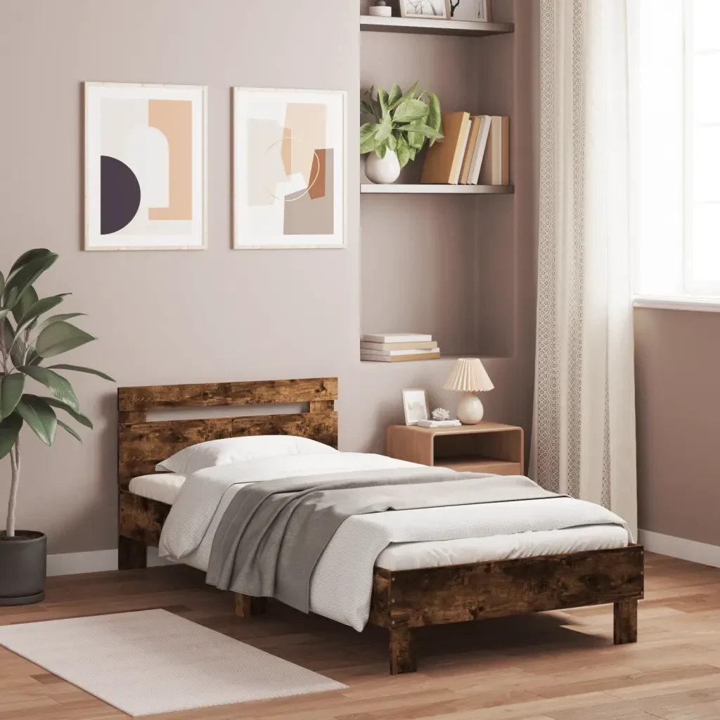 Letto singolo | Letto per adulti | Giroletto con Testiera Rovere Fumo 100x200 cm Legno Multistrato - Image 2