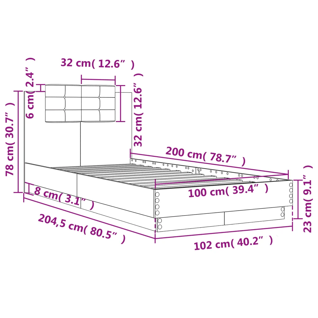 Letto singolo | Letto per adulti | Giroletto con Testiera Rovere Fumo 100x200 cm Legno Multistrato - Image 9