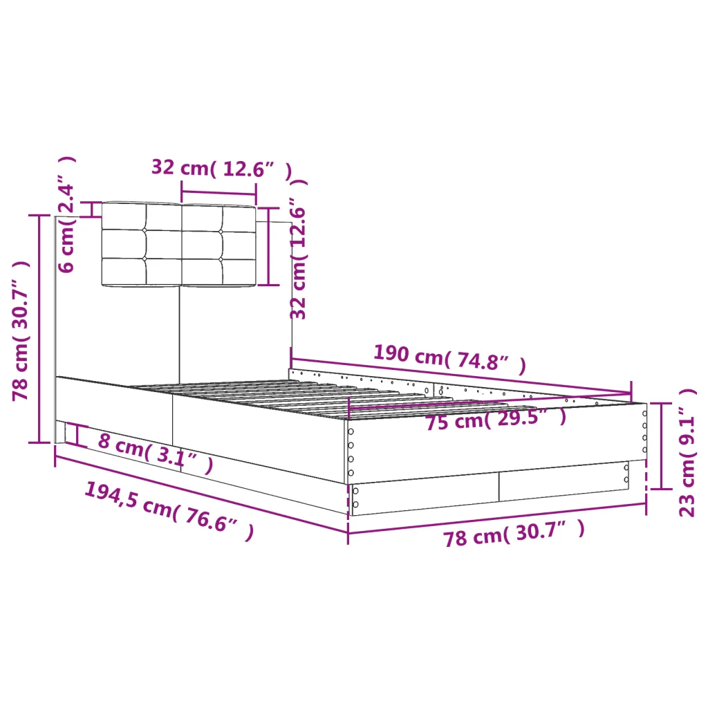 Letto singolo | Letto per adulti | Giroletto con Testiera Rovere Fumo 75x190 cm Legno Multistrato - Image 9