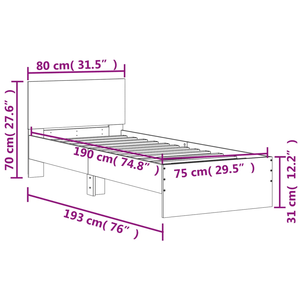Letto singolo | Letto per adulti | Giroletto con Testiera Rovere Fumo 75x190 cm Legno Multistrato - Image 10