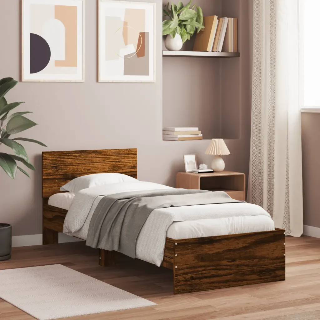 Letto singolo | Letto per adulti | Giroletto con Testiera Rovere Fumo 75x190 cm Legno Multistrato - Image 2