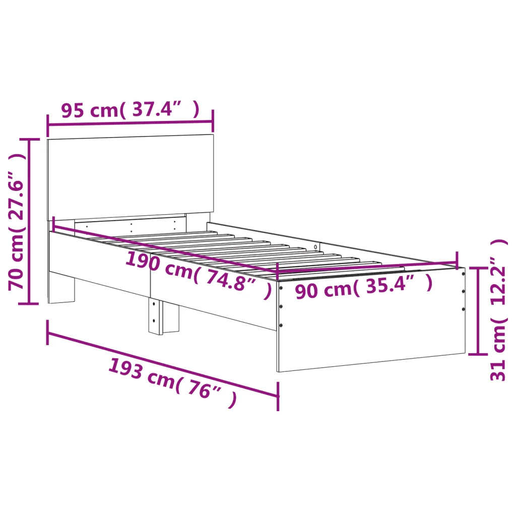 Letto singolo | Letto per adulti | Giroletto con Testiera Rovere Fumo 90x190 cm Legno Multistrato - Image 10