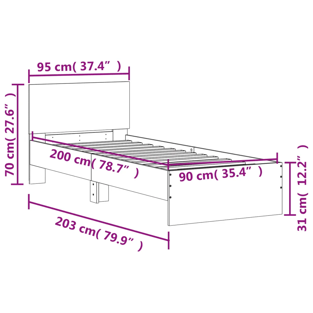 Letto singolo | Letto per adulti | Giroletto con Testiera Rovere Fumo 90x200 cm Legno Multistrato - Image 10