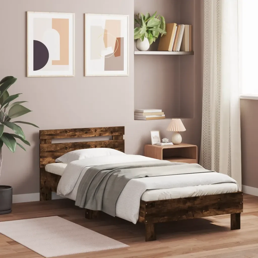Letto singolo | Letto per adulti | Giroletto con Testiera Rovere Fumo 90x200 cm Legno Multistrato - Image 2
