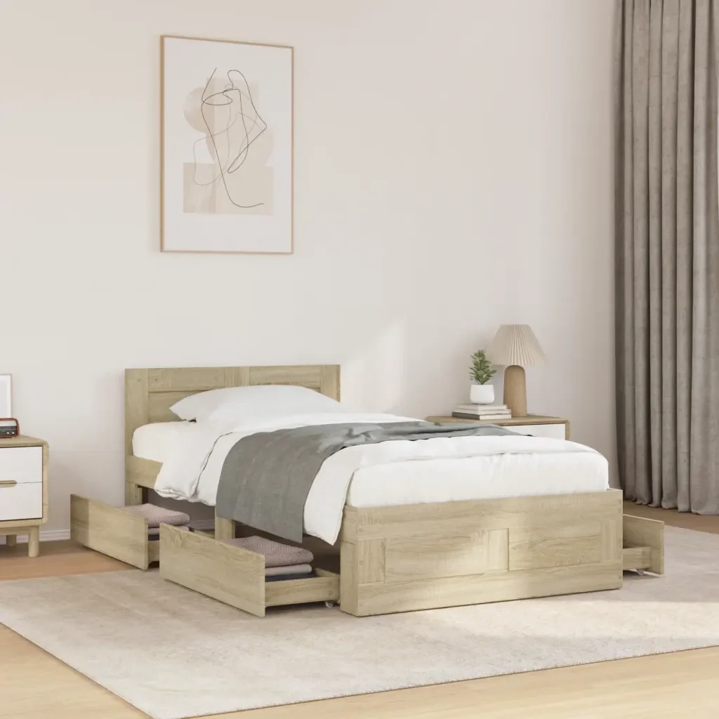 Letto singolo | Letto per adulti | Giroletto con Testiera Rovere Sonoma 90x200cm Legno Multistrato - Image 2