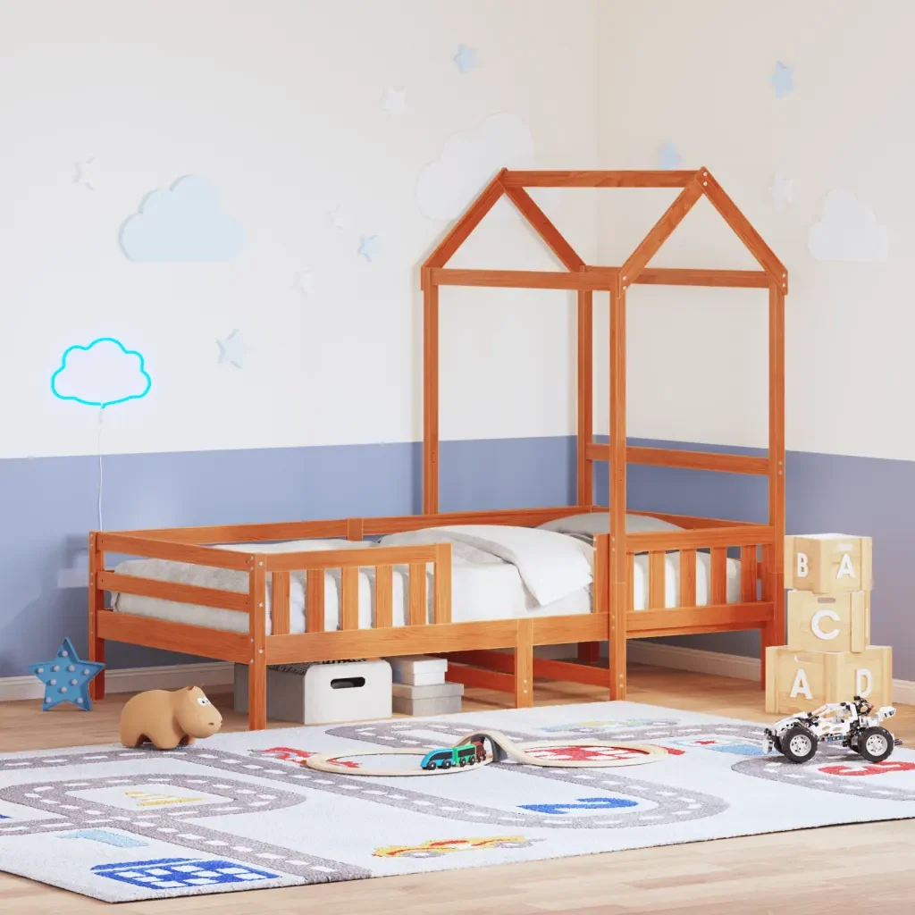 Letto singolo | Letto per adulti | Giroletto con Tetto Marrone Cera 90x190 cm Massello Pino - Image 2
