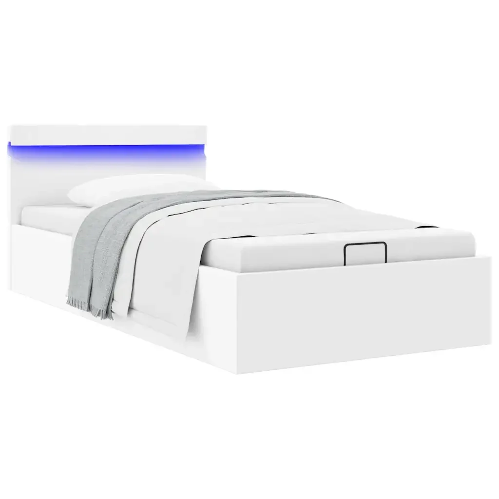 Letto singolo | Letto per adulti | Giroletto Contenitore Idraulico LED Bianco Similpelle 90x200 cm - Image 2
