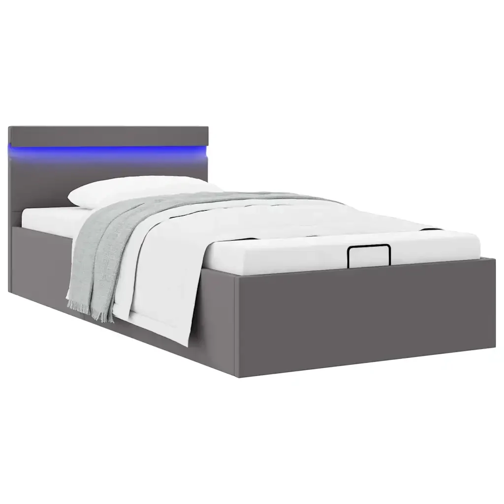 Letto singolo | Letto per adulti | Giroletto Contenitore Idraulico LED Grigio Similpelle 90x200 cm - Image 2