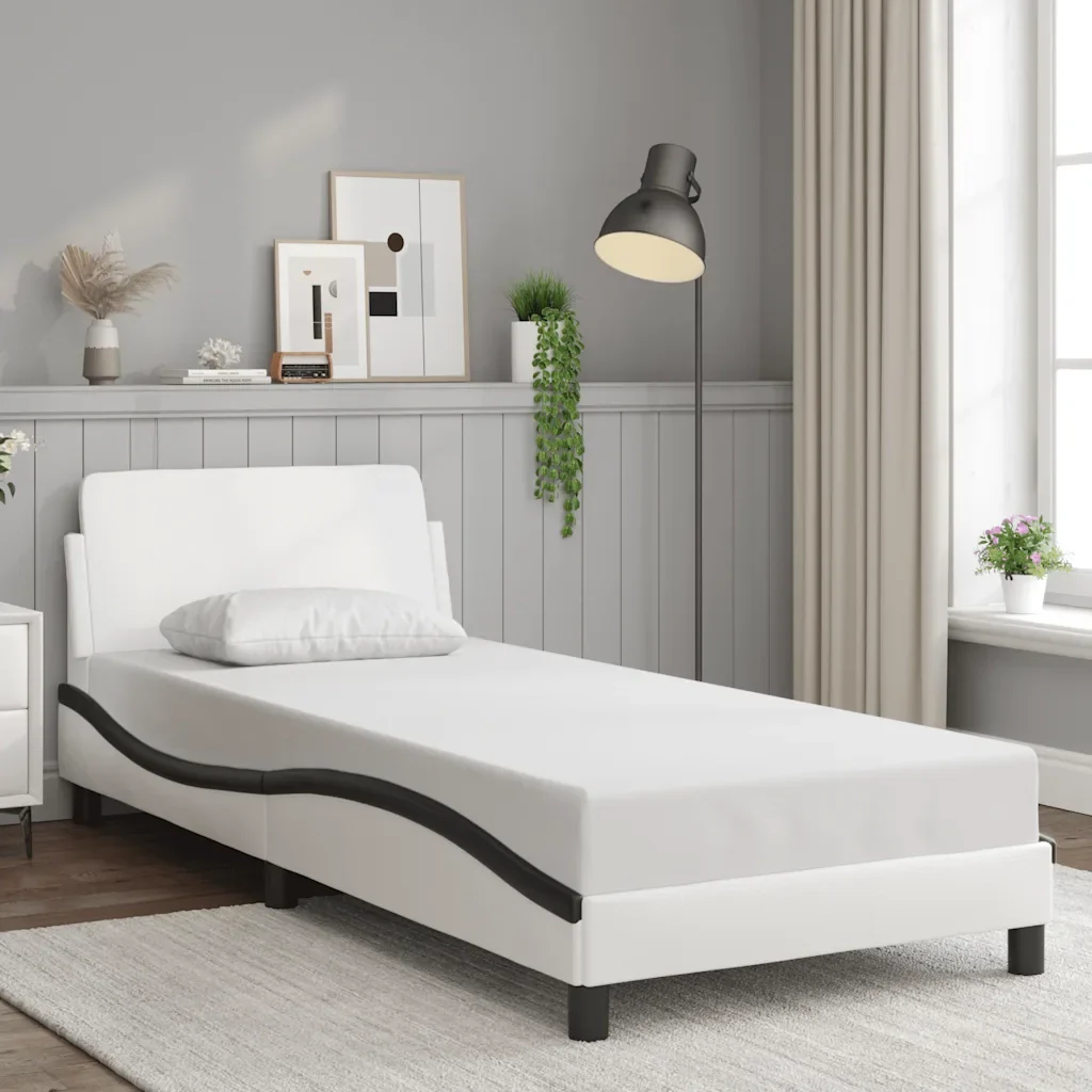 Letto singolo | Letto per adulti | Giroletto Dover Nero e Bianco 90x190 cm in Similpelle - Image 2
