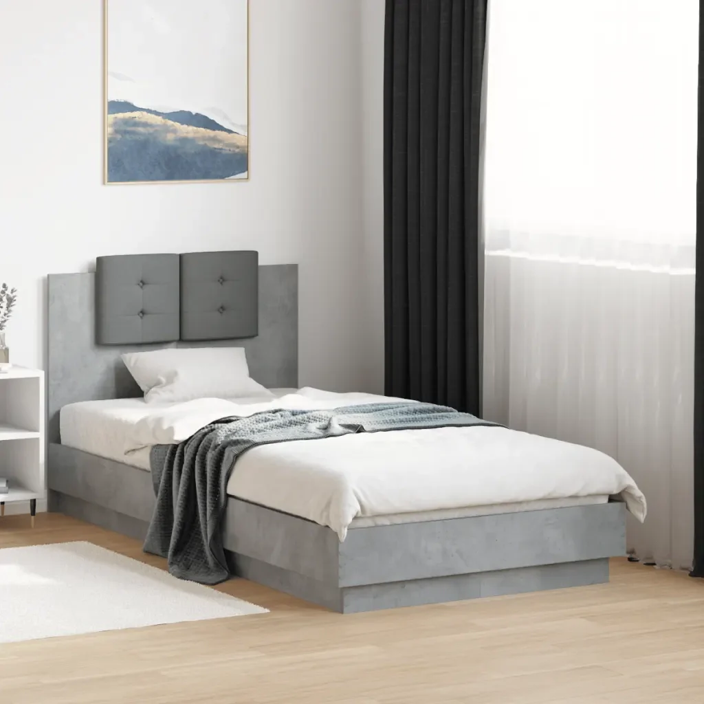 Letto singolo | Letto per adulti | Giroletto e Testiera Grigio Cemento 90x190 cm Legno Multistrato - Image 2