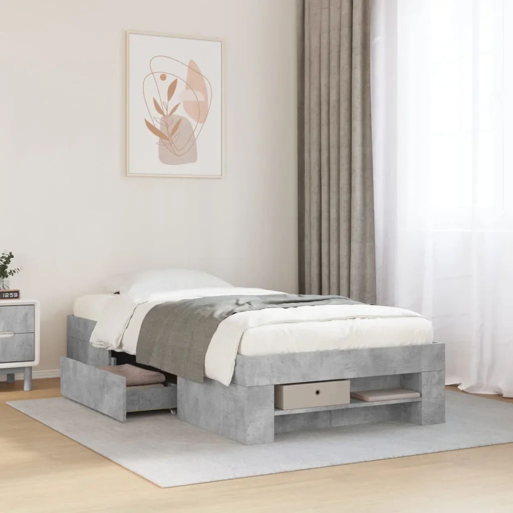 Letto singolo | Letto per adulti | Giroletto Grigio Cemento 90x190 cm in Legno Multistrato - Image 2