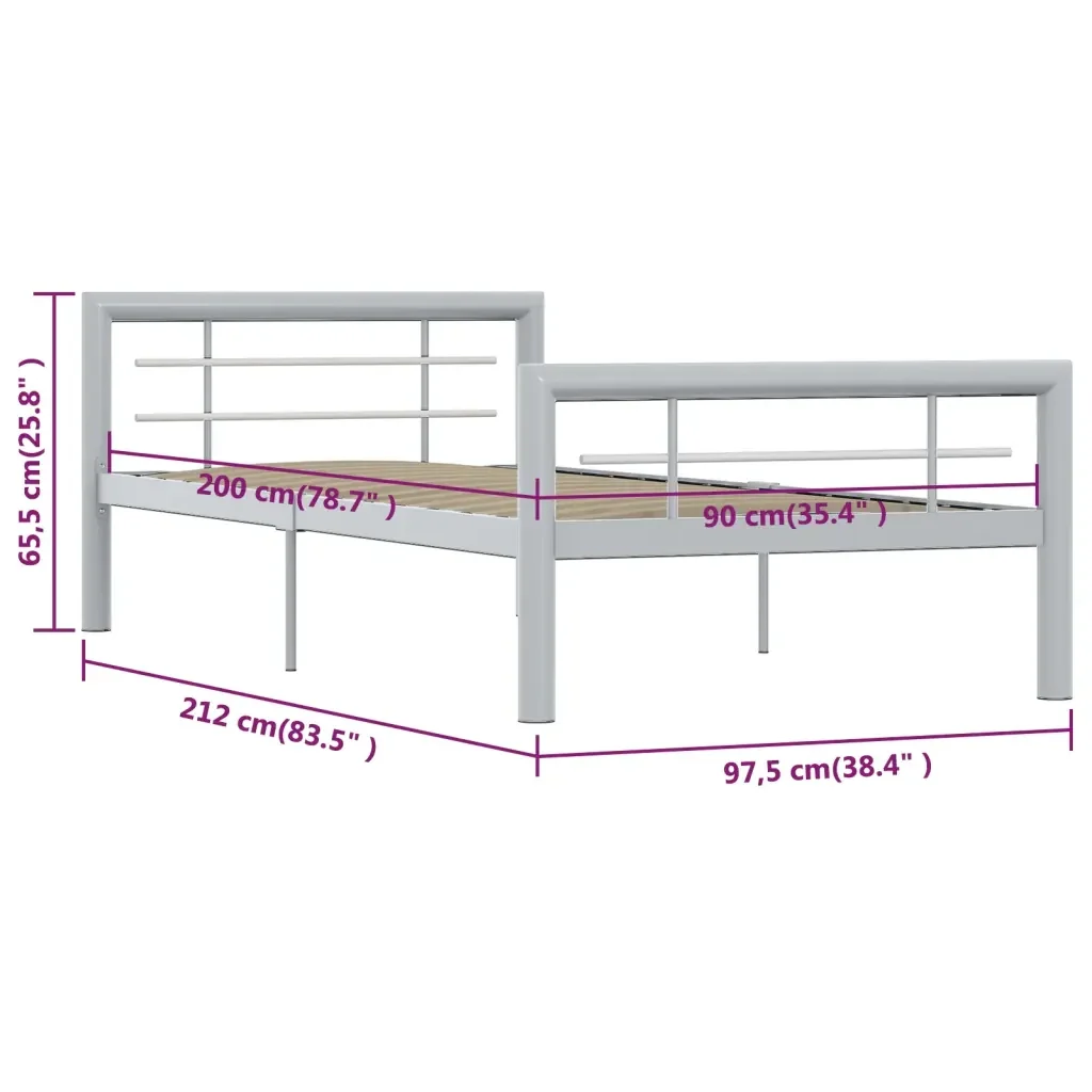 Letto singolo | Letto per adulti | Giroletto Grigio e Bianco in Metallo 90x200 cm - Image 6