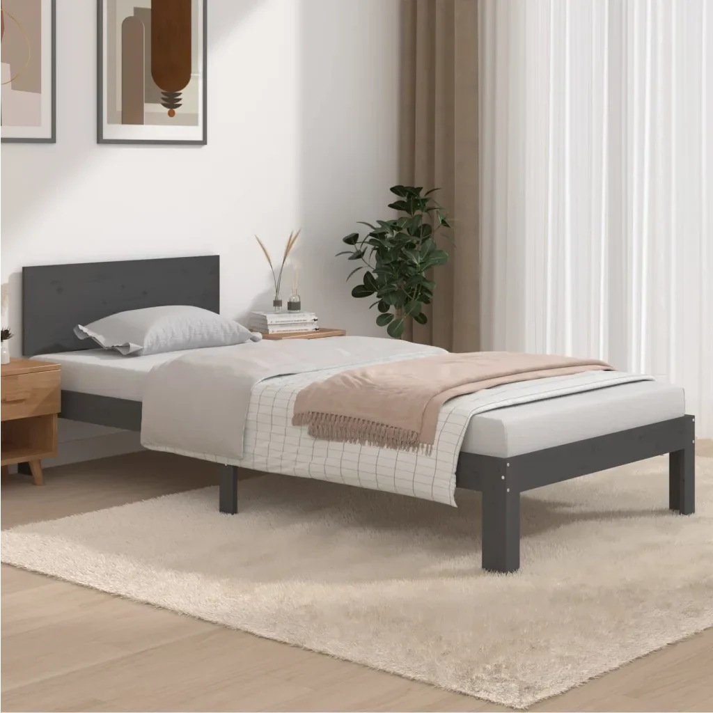 Letto singolo | Letto per adulti | Giroletto Grigio in Legno Massello di Pino 90x200 cm - Image 2